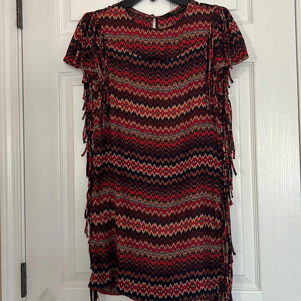 Zara women zig zag print fringe crew neck chevron red shift/tunic dress Small/XS